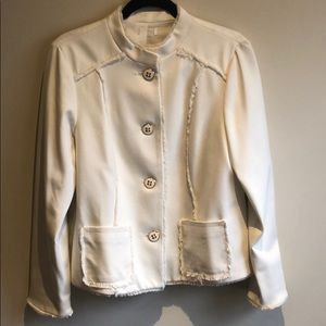 White blazer with gold trim buttons